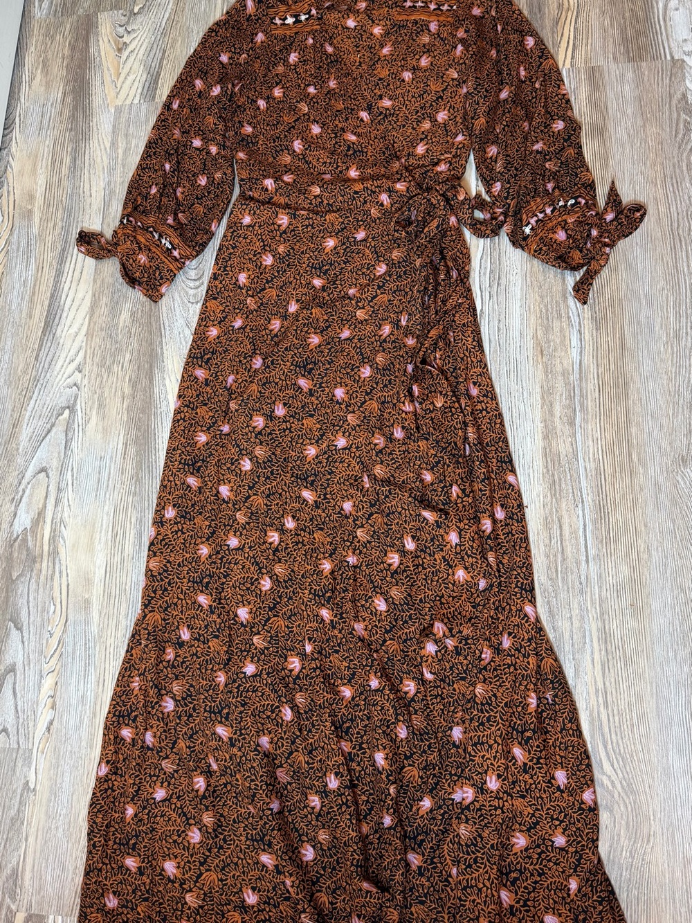 Natalie Martin Kate Handmade Rayon Floral Wrap Maxi Dress Boho Brown Pink Small - Picture 9 of 14